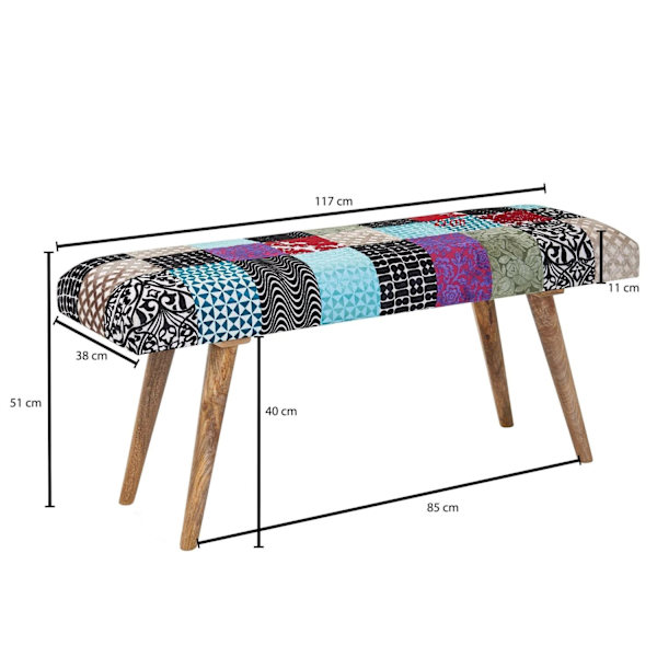Rootz bänk sammet - massivt trä bänk flerfärgad 117x51x38 cm sängbänk patchwork - Design stoppad bänk hall modern - Stoppad tyg bänk matsal - Korridor
