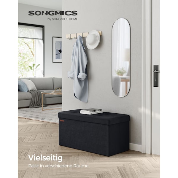 Rootz Velvet sædekiste - Opbevaring Ottoman - Polstret bænk - MDF konstruktion - 38cm x 76cm x 38cm - Blæk sort - 89L Kapacitet