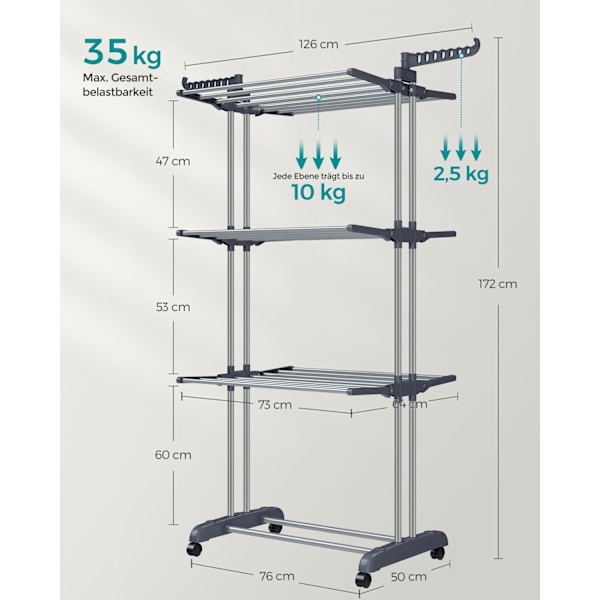 Rootz Grey Tørrestativ - Stål & Plast - Pladsbesparende design - Foldbart stativ - Stor tørrekapacitet - 64cm x 126cm x 172cm