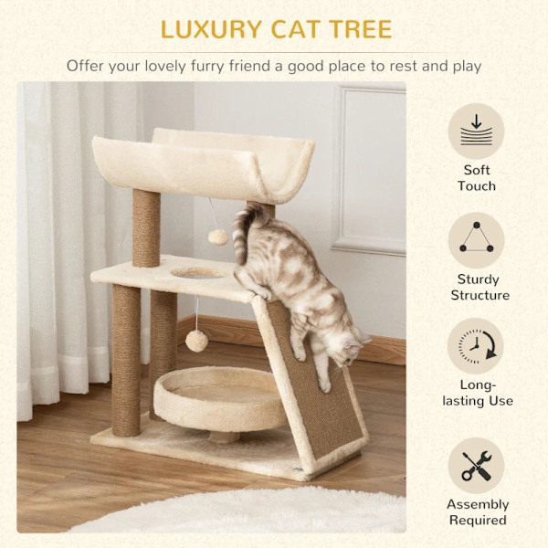 Rootz Cat kradsestolpe - Inklusiv legetøj - Katteseng - Spånplade - Plys - Sisal - Lysebrun - 60 Cm X 30 Cm X 76 Cm