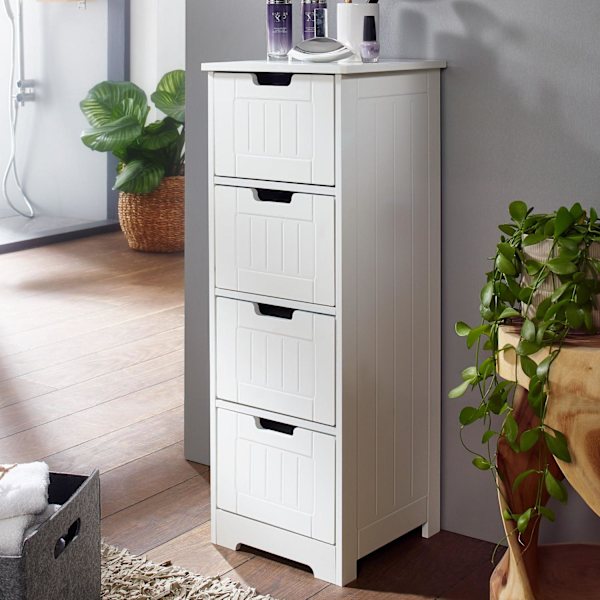 Rootz Design badeværelsesskab i landlig stil MDF træ 30 x 83 x 30 cm hvid - Badeværelsesskab lille 4 skuffer - Sideskab Multifunktionsskab