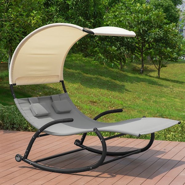 Rootz Double Rocking Lounger - Solstol med hjul - Trädgårdssäng med solskydd - Slitstark metallram - Vattenavvisande syntetisk fiber - Lätt att rengör