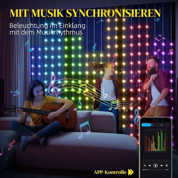 Rootz -gardin med 400 LED -lys - strenglamper - Dynamisk belysning - Musiksynkronisering - Wi -Fi -kontrol - 300 cm x 300 cm