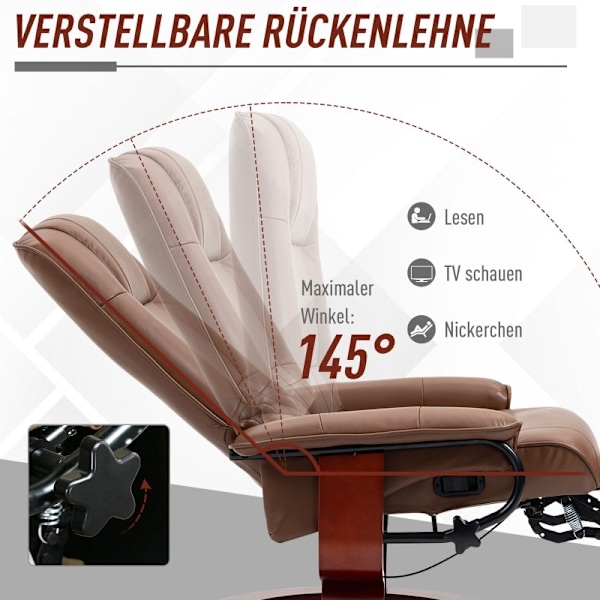 Rootz hvilestol - Drejelig tv-stol - imiteret læder - 145° vippelig ryglæn - 360° roterende base - Brun - 78cm x 87cm x 100cm