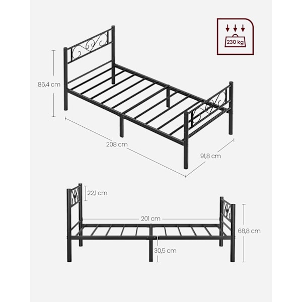 Rootz Metal Sengeramme - Blæk sort - Pulverlakeret struktur - Rummelig - 208 cm x 91,8 cm x 86,4 cm - 14 kg - 230 kg Kapacitet