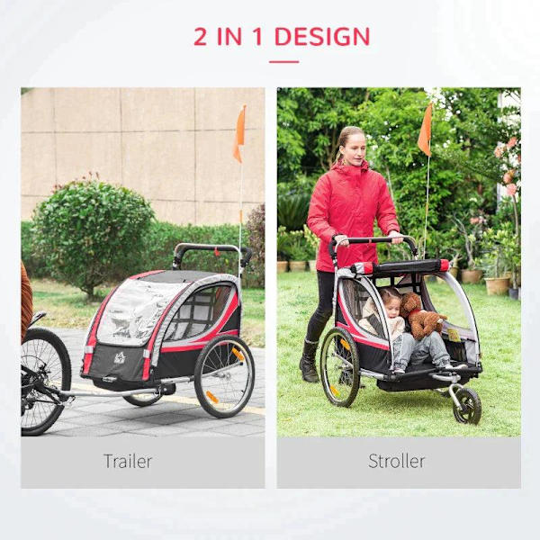 Rootz Cykelvagn för barn - 2 i 1 barnvagn - Cykelsläp för barn - 2-sits transporthållare - Med dragkoppling - Röd/Svart - 142 x 75 x 101 cm