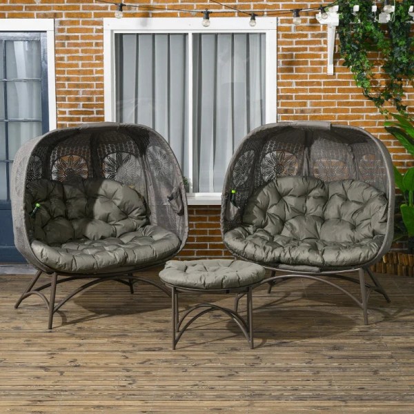 Rootz Trädgårdsmöbelset - 2 korgstolar - Sidobord - Fällbart - Sittdynor - Metallram - Stål-Polyester - Sand - 110w X 52d X 40h Cm