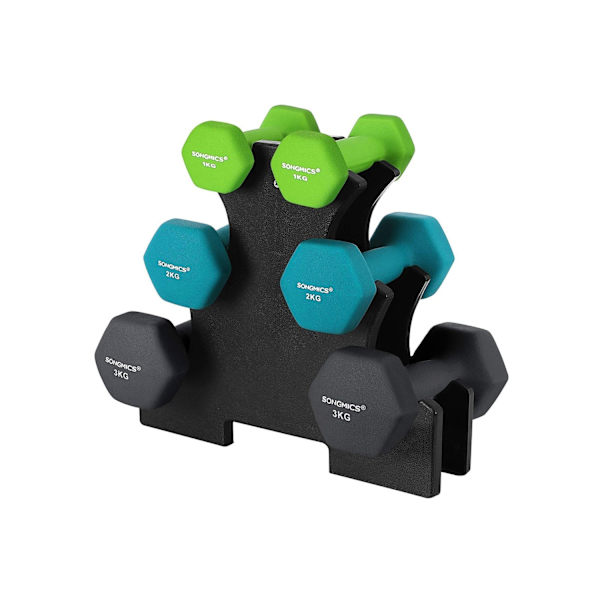 Rootz Hantelset med stativ - Neoprenbeläggning - Lättviktsträning - Hemgymutrustning - 1 kg, 2 kg, 3 kg - Limegrön akvamarin - 6 st - 36 cm x 9 cm x 9