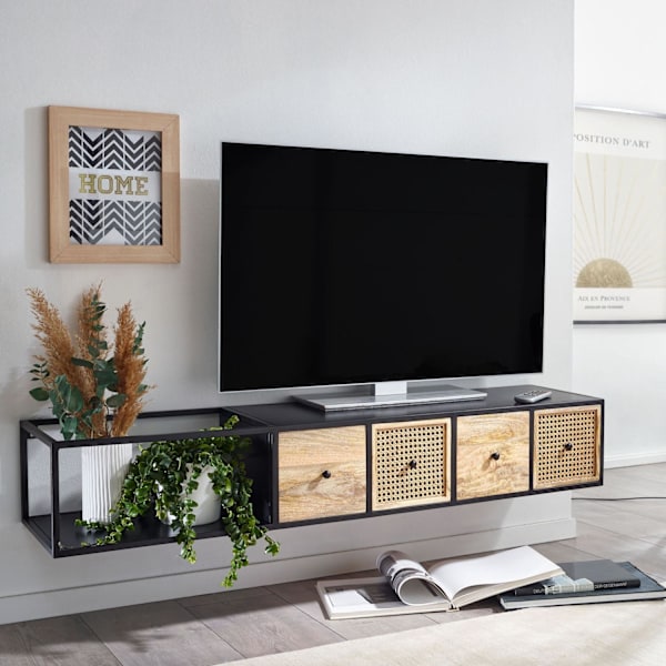 Rootz-alusta riippuva mango massiivipuu - metalli 150x25x35 cm TV-kaappi musta - Design-TV-taso moderni - TV-kaapin seinä - TV-kaappi TV-kaappi ripust