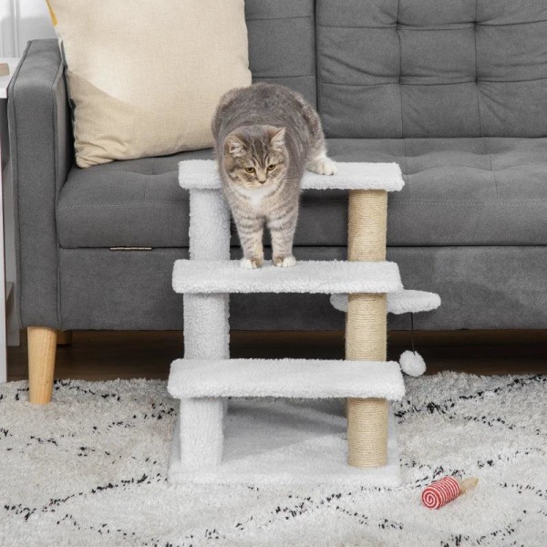 Rootz Pet Trappor - Skrapstolpe - Trappa - Katttrappa - Hundtrappa - Djurtrappa - Spånskiva/Jute/Plysch - Vit - 45 x 40 x 48 cm