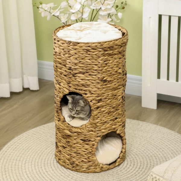 Rootz Cat Cave - 3 Tier 3 Entré - Boho Design med kudde - Ljusbrun + Krämvit - 40cm x 40cm x 73cm
