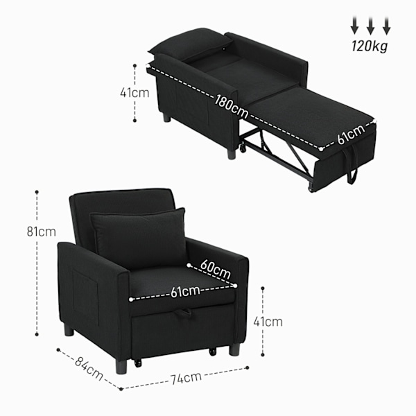 Rootz Justerbar sovende stol - Konvertibel loungestol - Rentliner seng - Komfort 3 position - 74W x 84d x 81H cm - Sort - 120 kg kapacitet