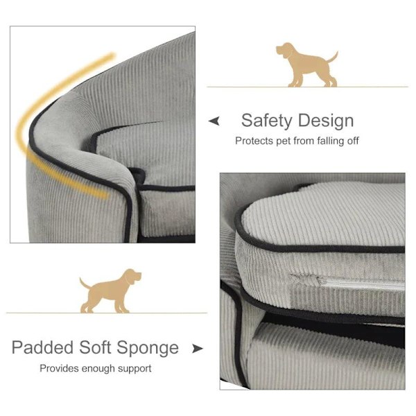 Rootz Dog Sofa - Dog Bed - Dog Mat - Pet Sofa - Natural Wood+Plush - Grey - 66.5 x 45 x 35.5 cm