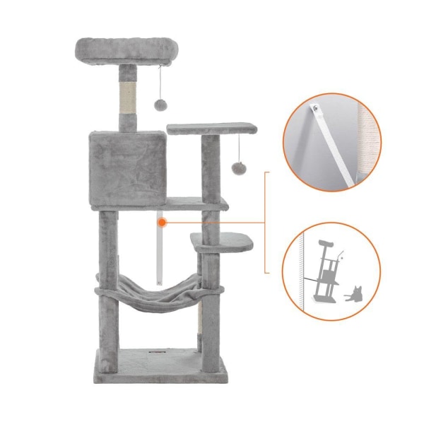 Rootz Kattetræ - Kattetræ med hængekøje - Kradsestolpe - Kattekradsetræ - Moderne kattetræ - Højt kattetræ - Kattetræ med hængekøje - Grå