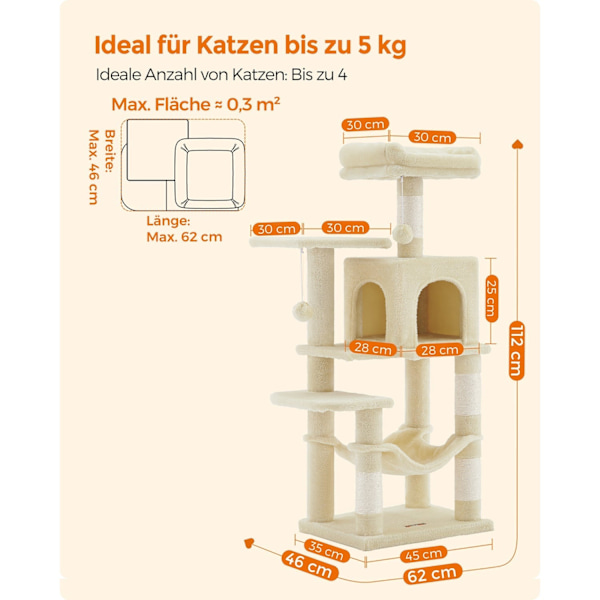 Rootz Cat Skrapstolpe - Kattträd - Kattklätterställning - Spånskivakonstruktion - Plyschöverdrag - Sisalrep - 45cm x 35cm x 112cm