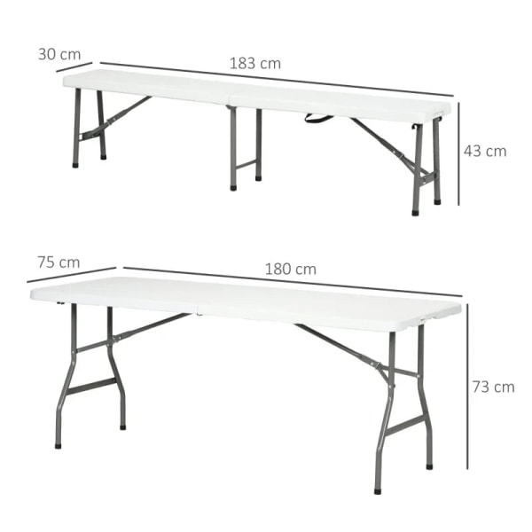 Rootz ølteltsæt til 6 personer - Havemøbelsæt - 3-delt - Sammenfoldelig - Letvægts - Vejrbestandig - Stålramme - Hvid - 180 cm x 75 cm x 73 cm