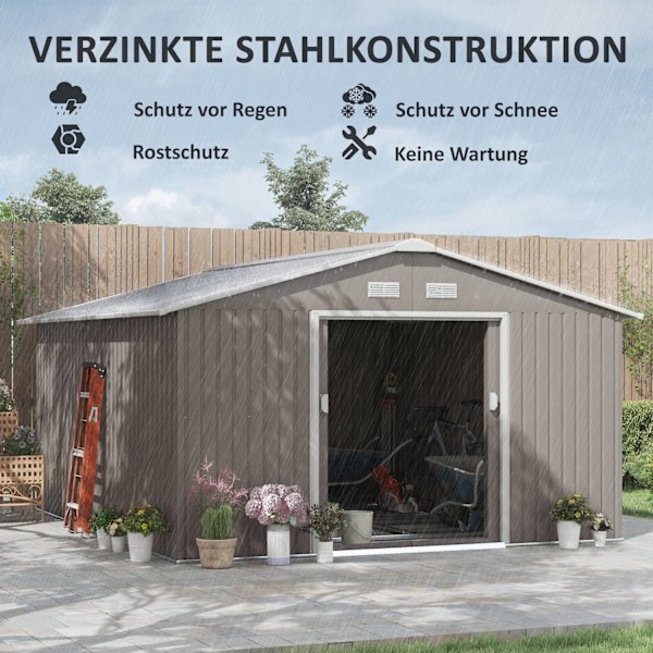 Rootz Tool Shed - Säänkestävä puutarhavaja - Ulkovarasto - tuuletettu teräsvaja - 340 cm x 386 cm x 200 cm