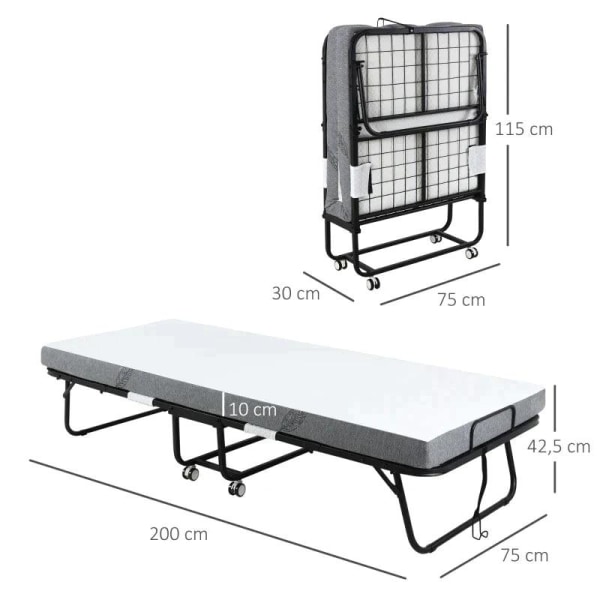 Rootz Foldeseng - Gæsteseng - Transportabel sammenfoldelig gæsteseng - Med robust metalramme - Stål/svamp/stof/polyester - Hvid/Sort - 200 x 75 x 42,5