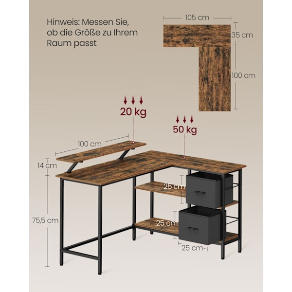 Rootz L Shape -pöytä - Vintage Ruskea - Lastulevypöytä - Teräsrunko - Tilava muotoilu - 105cm x 135cm x 89,5cm - Kotitoimistokalusteet