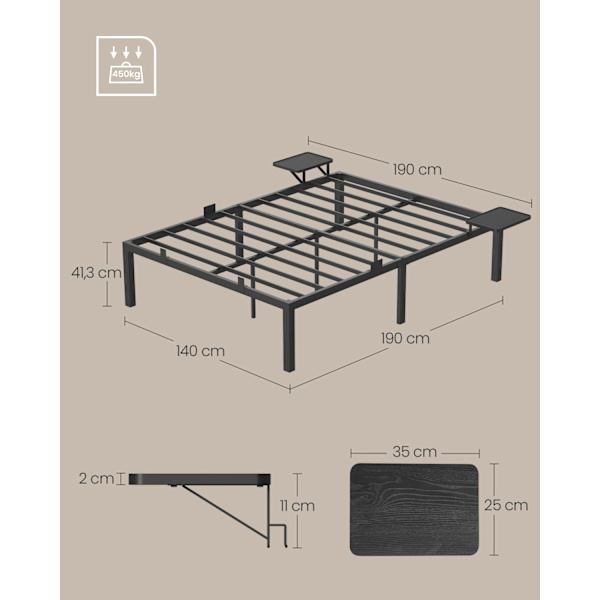 Rootz Classic Black Metal Sengeramme - Pulverlakeret sengeplads - Robust støtte - Nem montering - 190 cm x 140 cm x 41,3 cm