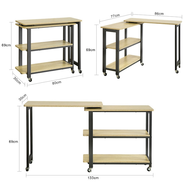 Rootz L-formet sidebord - Sofabord - Hjørneskrivebord - Industrielt design - Fleksibel og mobil med låsbare hjul - Metalstel af høj kvalitet - Robust