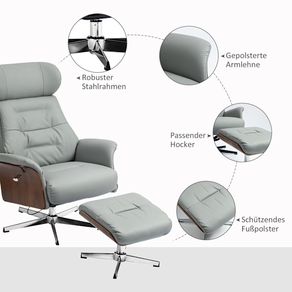 Rootz Relaxationsstol med avföring - Reclining Chair - Swivel TV -stol - 135 ° Tiltfunktion - 80W x 84d x 108h cm - Grå