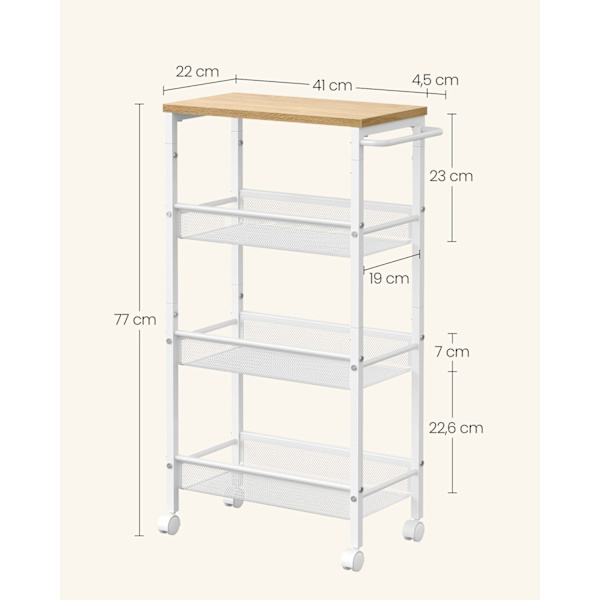 Rootz Eg Hvid spånplade stålvogn - Rullevogn - Opbevaringsorganer - Letvægts - Kompakt design - Nem montering - 22cm x 45,5cm x 77cm