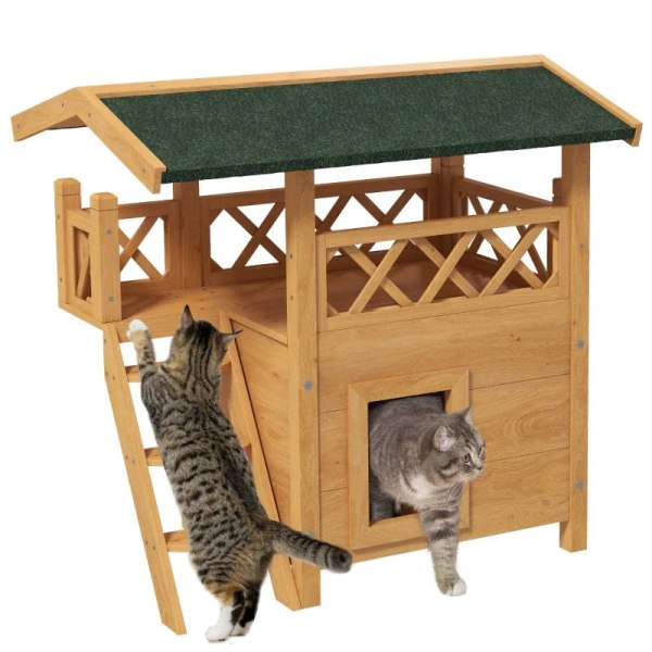 Rootz Cat House - Pet Kennel - Asfalttak - 2 nivåer - 1 stege - Gran Wood - Naturlig + Grön - L77 x B50 x H73 cm