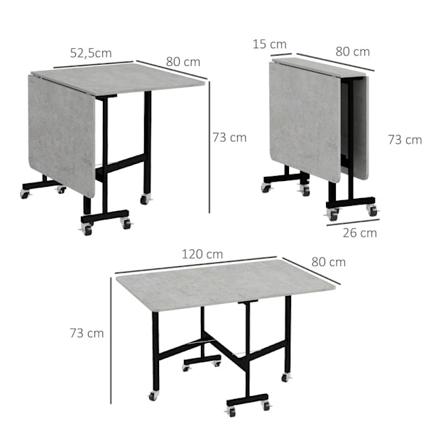 Rootz sammenklappeligt spisebord - Udvidbart bord - Pladsbesparende spisebord - Elegant stil - Hjul til nem mobilitet - 120 cm x 80 cm x 73 cm