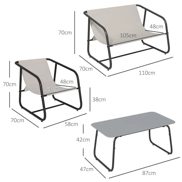 Rootz Havemøbelsæt - 4-delt - Havemøbler - Loungemøbler - 1 sofa & 2 lænestole - Stål+åndbart mesh - Grå+Flødehvid - 110 x 70 x 70 cm