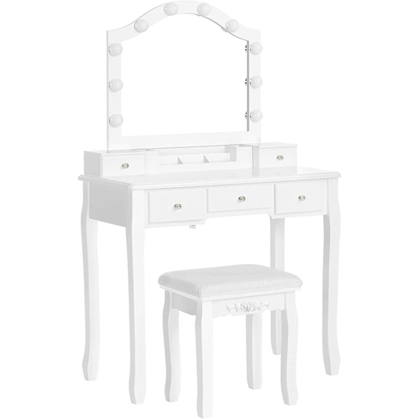 Rootz Toiletbordssæt - Make-upbord - Taburet - Spejl - Belysning - Opbevaringsboks - 6 rum - 5 skuffer - Hvid - Forarbejdet træ - 80 x 40 x 139 cm