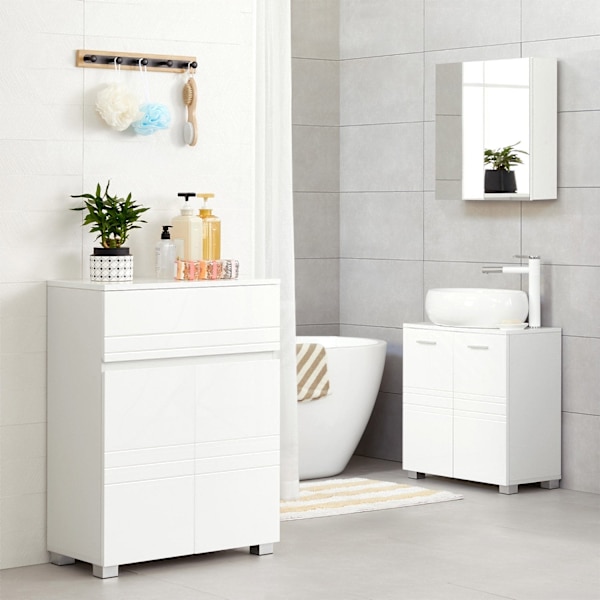 Rootz Badeværelsesskab - Hvid opbevaringsenhed - MDF-døre - Spånpladekrop - Justerbar hylde - Tippesikring - 60 cm x 30 cm x 80 cm