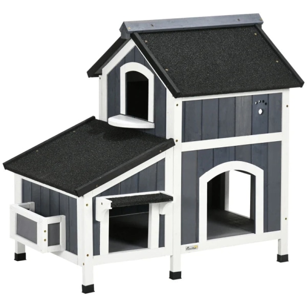 Rootz Outdoor Cat House - Två nivåer - Flera ingångar - Vattentåligt tak - Grå - 96 x 65 x 85,5 cm