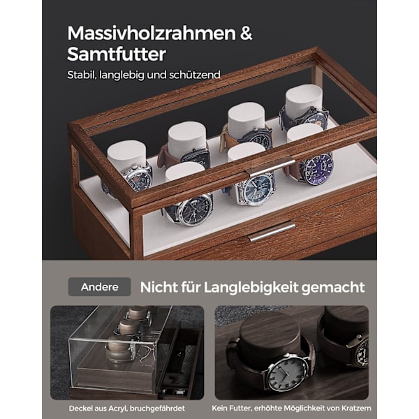 Rootz Coffee Brown Urkasse - Smykkeorganisering - Opbevaringsetui - Massivt træ - Akryl - MDF - Stor kapacitet - Elegant design - Beskytter ure - 18 c