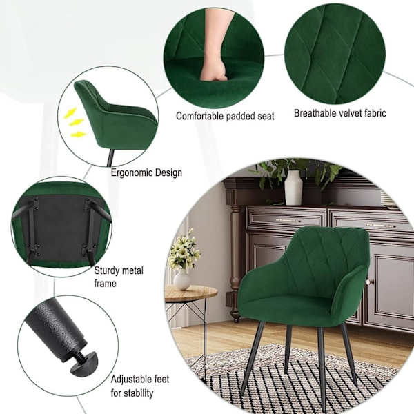 Rootz matstolsset - Sammetsstolar - Vadderade säten - Ergonomisk design - 44 cm x 42,5 cm x 46,5 cm - Rejäla metallben - 6-pack