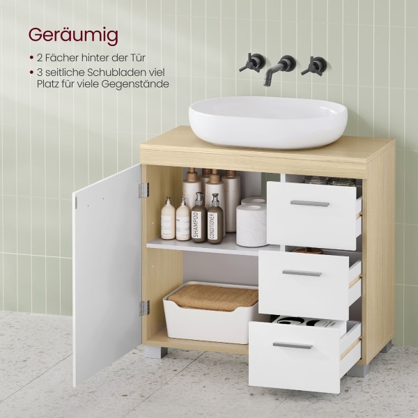 Rootz MDF vask underskab - Badeværelsesvask - Opbevaringsenhed - Cloud White-Natural Beige - Medium Density Fiberboard - 30cm x 70cm x 64cm - 20cm x 1