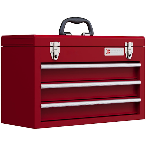 Rootz Verktygslåda - Verktygsfodral i stål - Bärbar verktygsorganisator - 3 lådor - Översta förvaringsfack - Säkert lås - 51 cm x 22 cm x 32 cm
