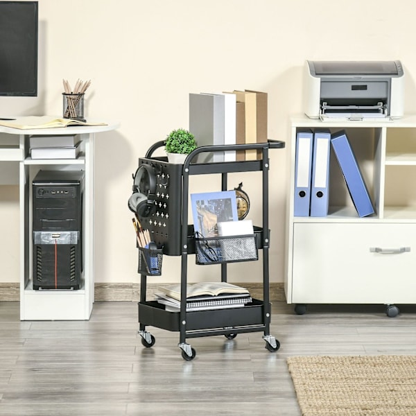 Rootz 3 Tier Metal Servering Trolley - Kitchen Cart - Utility Trolley - 2 Bestikstativ - 51,5L x 32W x 75,6h cm - Sort