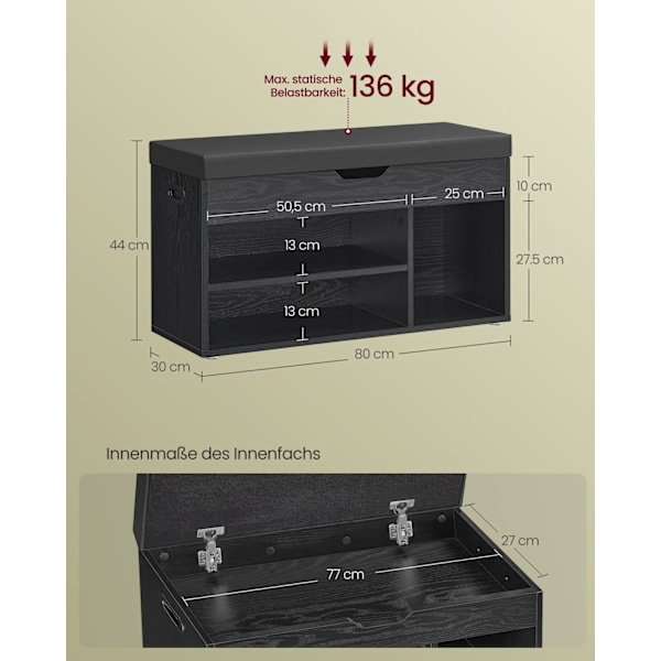 Rootz Shoe Rack bænk - Skoopbevaring - Entryway Organizer - Spånplade - PU læder - 30cm x 80cm x 44cm