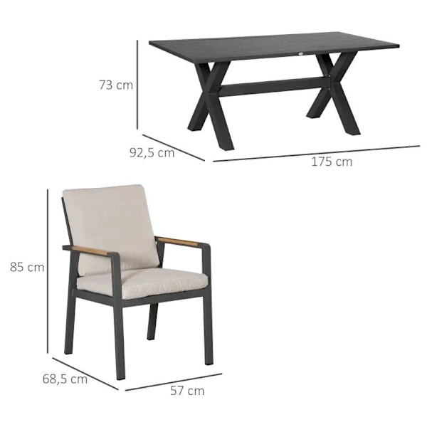 Rootz puutarhasetti - patiosetti - 6 tuolia ja 1 pöytä - alumiini/muovi - harmaa