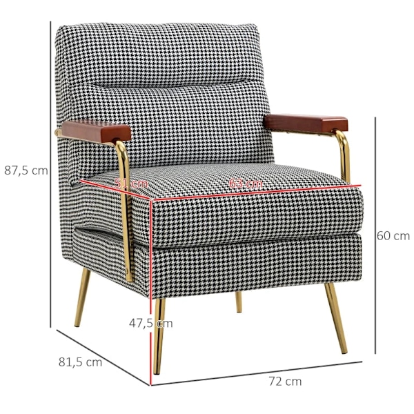 Rootz Fåtölj - Retrodesign - Accentstol - Hundtandsmönster - Linnepolyester - Träelement - Fjäderkärna - Svart + Vit - 72L x 81,5W x 87,5H cm