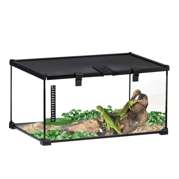 Rootz Reptile Box Terrarium - Inklusiv Strip Termometer - Foderklapper - Glas + Metal - Sort - 50 cm x 30 cm x 25 cm