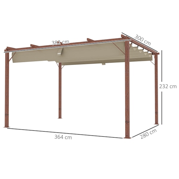 Rootz 3x4m Garden Pergola - Justerbart terrasstak - utomhuspaviljong - UPF30+ Solskydd - 382x300x232cm