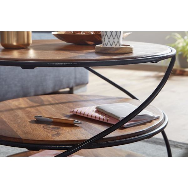Rootz sofabord 58x58x40,5 cm massivt sheesham træ - metal med opbevaringsplads - Stuebord Massivt sofabord - Lille bord sidebord stue moderne - Rundt