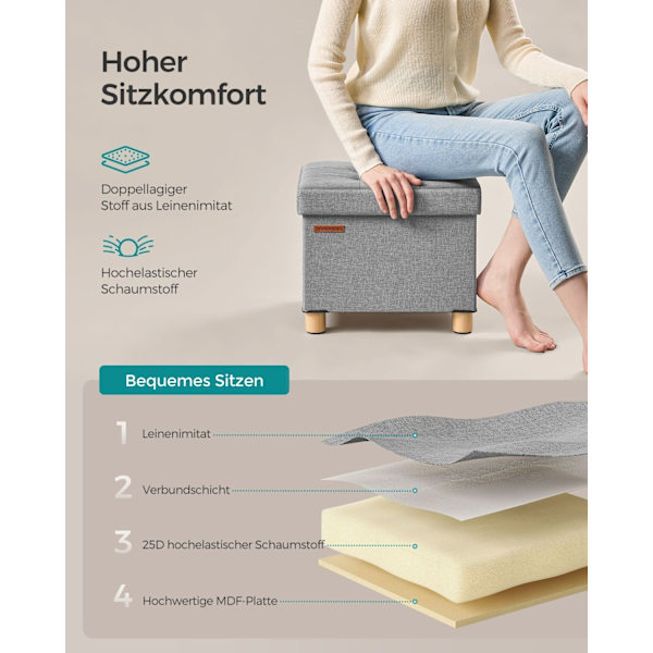 Rootz sæde kisteopbevaring Ottoman - Duegrå - MDF - Imiteret linned - 25D skum - 32 cm x 40 cm x 33,5 cm - 32L Kapacitet