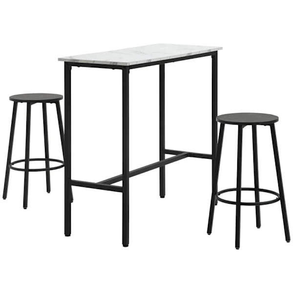 Rootz Barsæt til 2 personer - 1 bord med 2 barstole - Bordplade i hvid marmorlook - Stålstel - Hvid + Sort - 100cm x 40cm x 90H cm