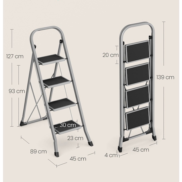 Rootz 4-stegsstege - Fällbar trapppall - Stegestege i stål - Lastkapacitet 150 kg - 89 cm x 45 cm x 127 cm