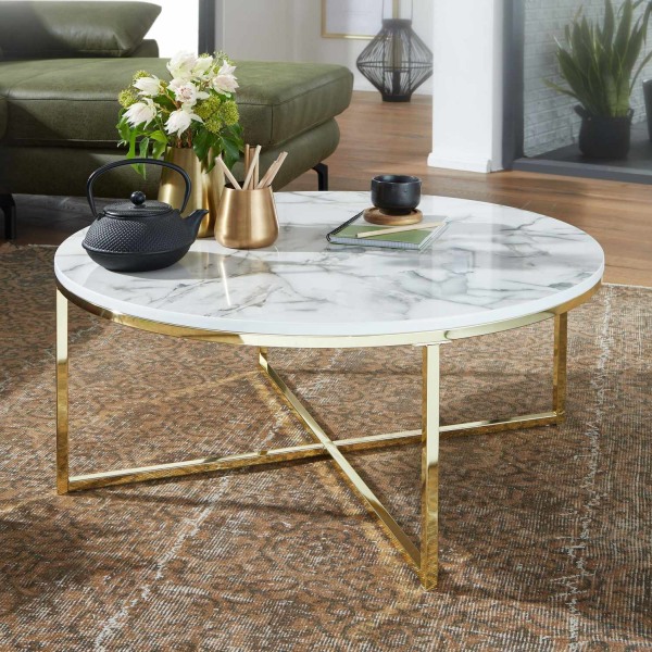 Rootz soffbord 80x36x80 cm med marmorlook vit - Vardagsbord med metallstomme - Soffbord runt bord vardagsrum - Sidobord