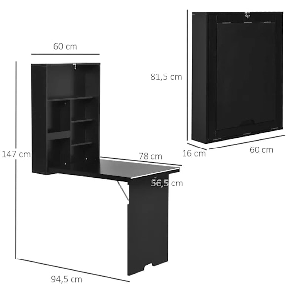 Rootz Väggfällbart bord - Väggskrivbord - Väggbord - Inklusive skrivtavla - Platsbesparande - MDF - Svart - 60 cm x 94,5 cm x 147 cm