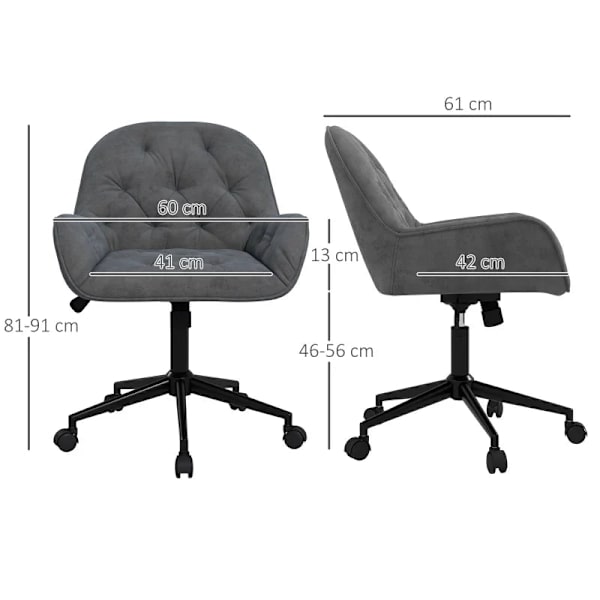 Rootz Kontorstol - Skrivebordsstol - Computerstol - Højdejusterbar - Fløjlsagtig polyester - Velvet Look - Grå - 60W x 61D x 81-91H cm